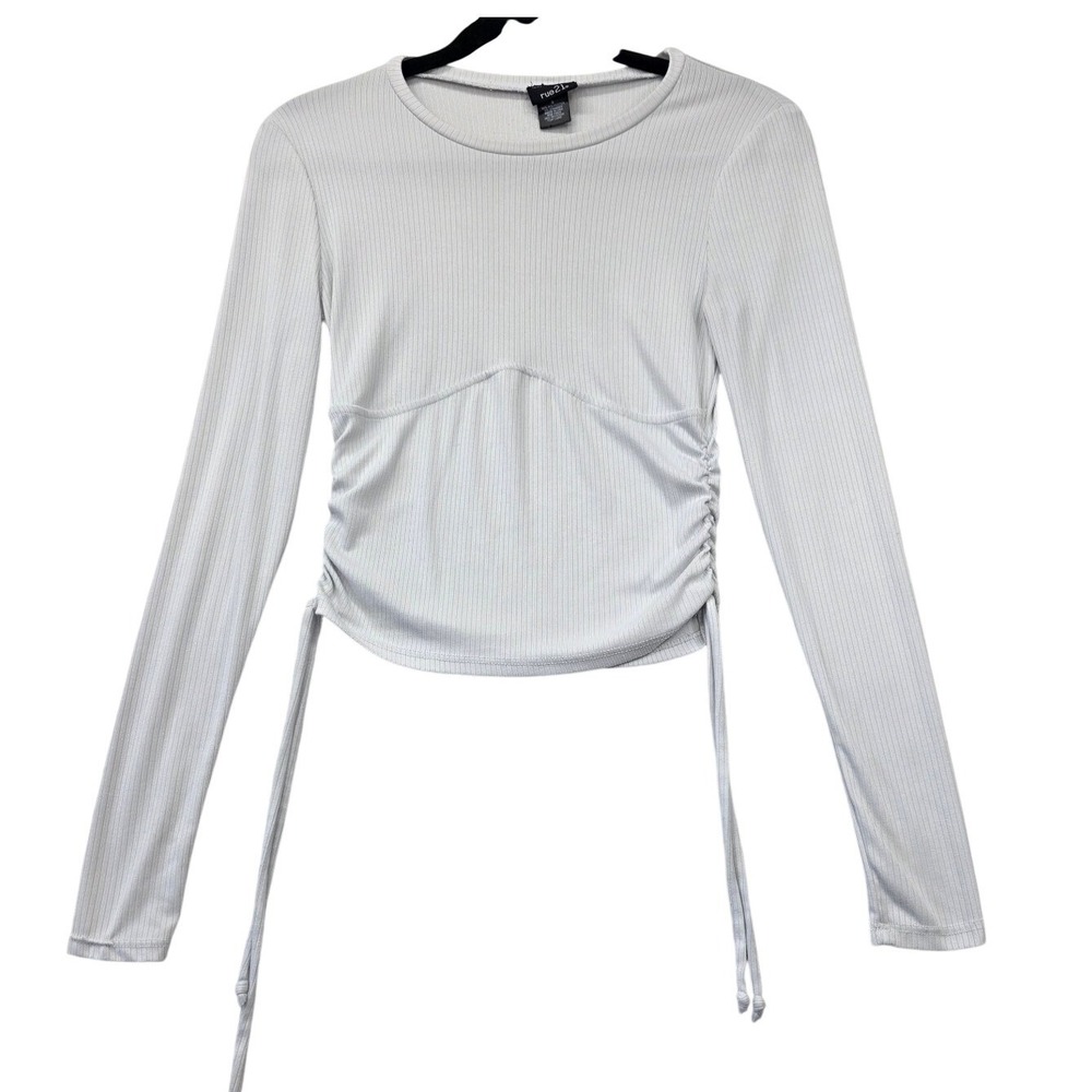 Rue21 Women Light Gray Ribbed Ruched Side Drawstring Long Sleeve Crop Top Size S